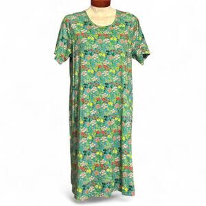 La Cera Short Sleeve Casual Midi Dress Plus Sz 3X Turquoise Green Floral Cottage